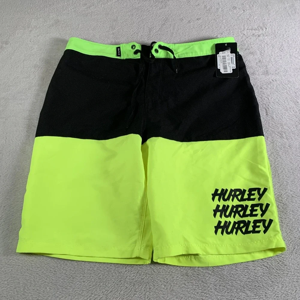 Hurley Board Shorts Boys‎ 18 / 29 Neon Green Colorblock Graphic Swim Trunks NEW